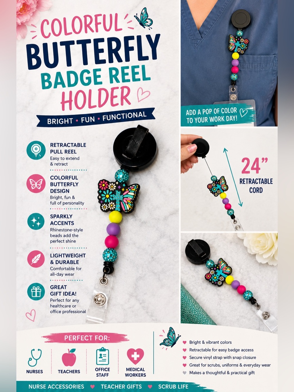 Colorful Butterfly Badge Reel Holder Nurse Teacher ID Holder Retractable